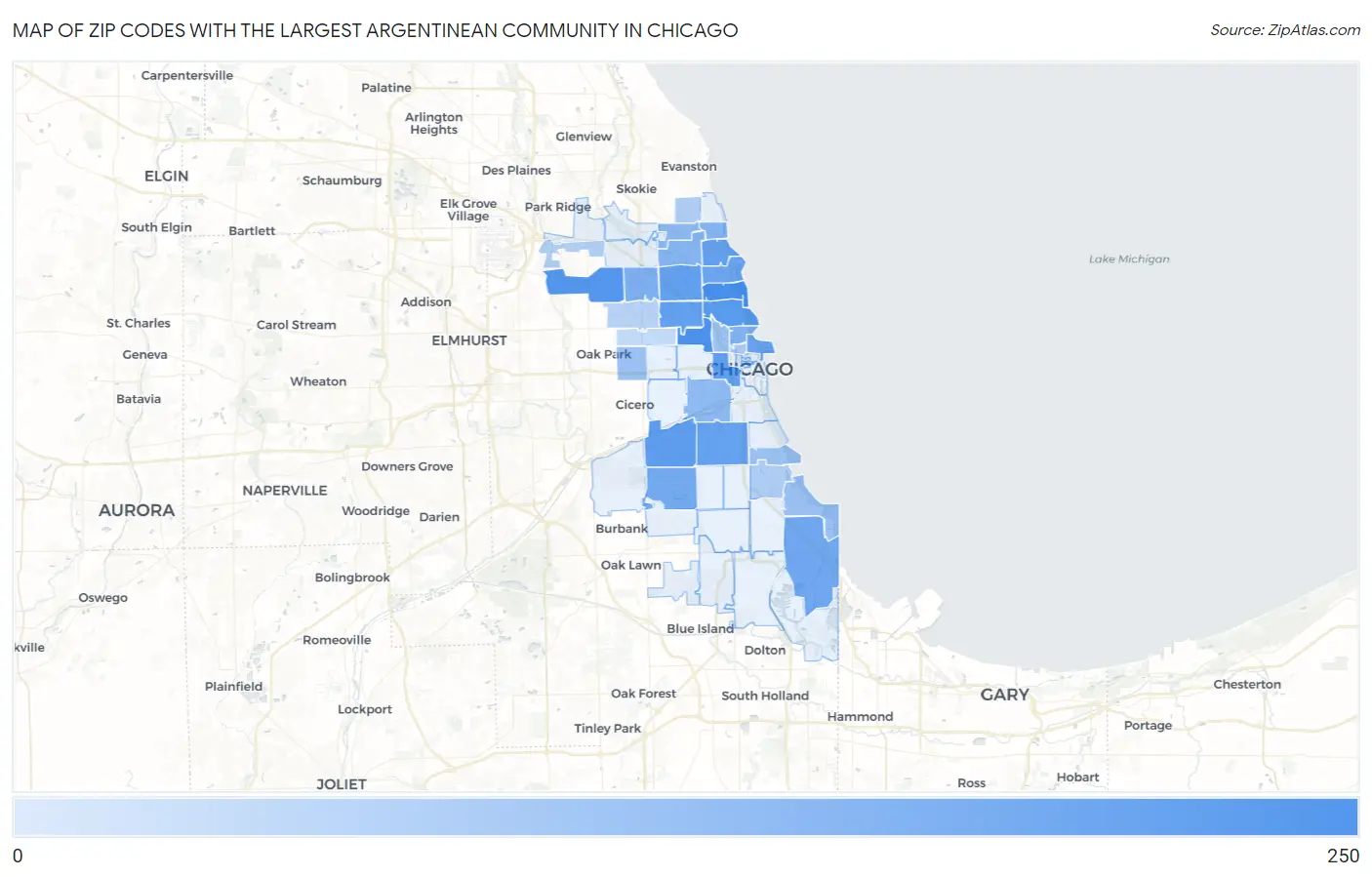 Zip Codes with the Largest Argentinean Community in Chicago Map