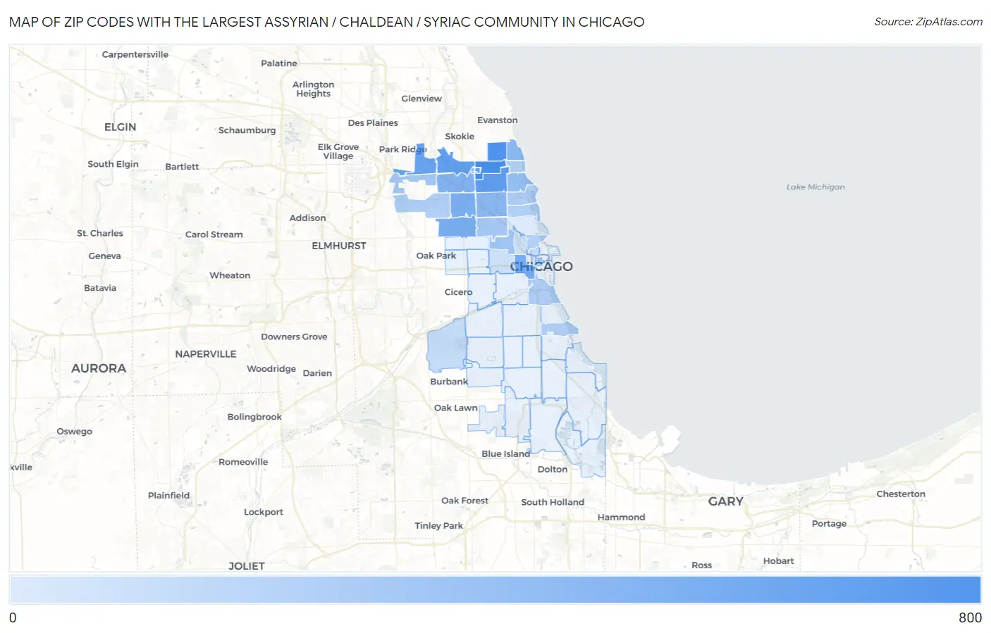 Zip Codes with the Largest Assyrian / Chaldean / Syriac Community in Chicago Map