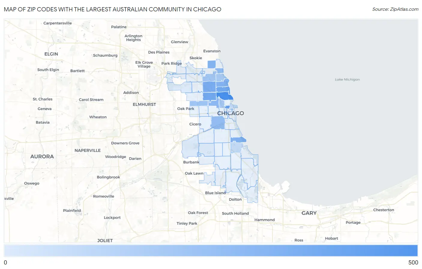 Zip Codes with the Largest Australian Community in Chicago Map