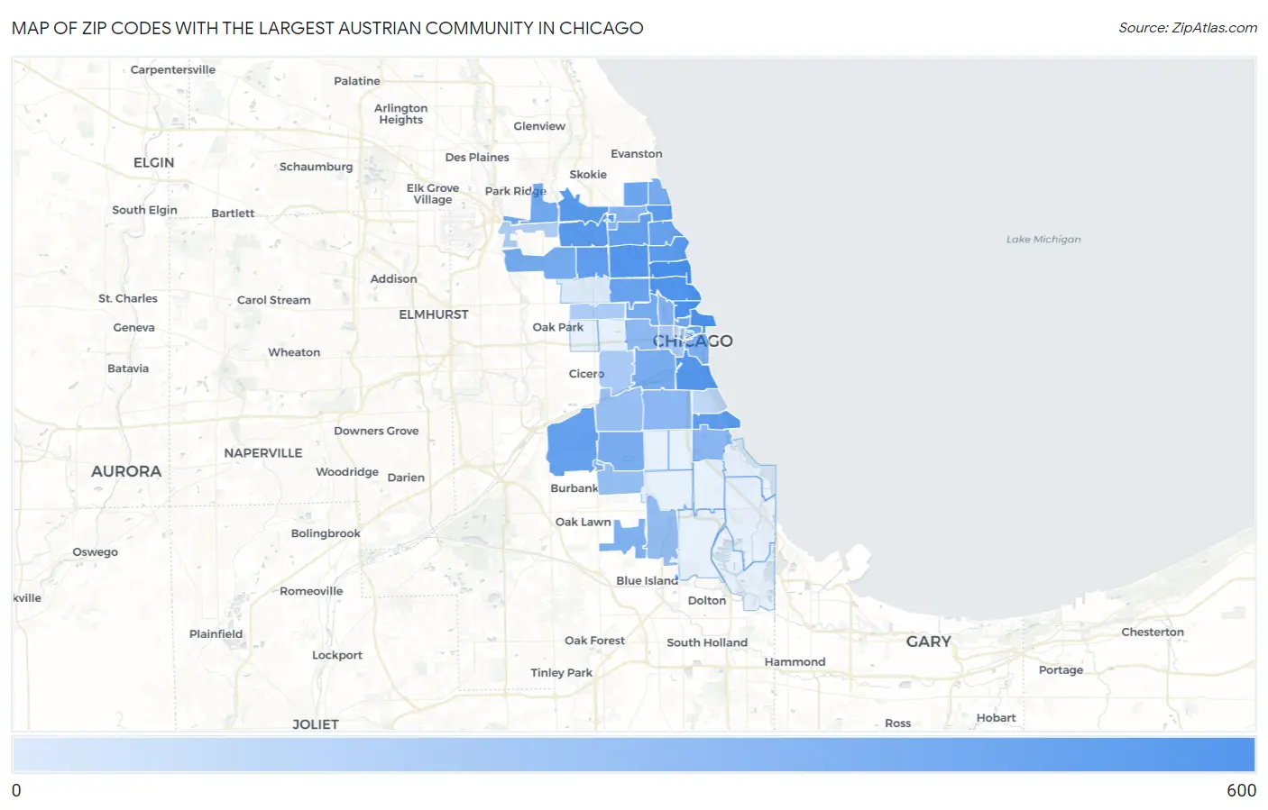 Zip Codes with the Largest Austrian Community in Chicago Map