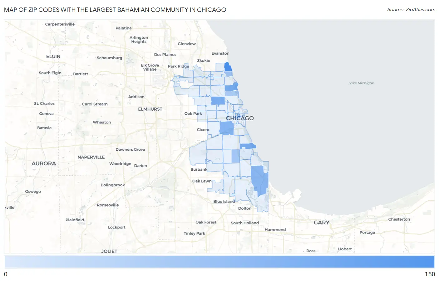 Zip Codes with the Largest Bahamian Community in Chicago Map