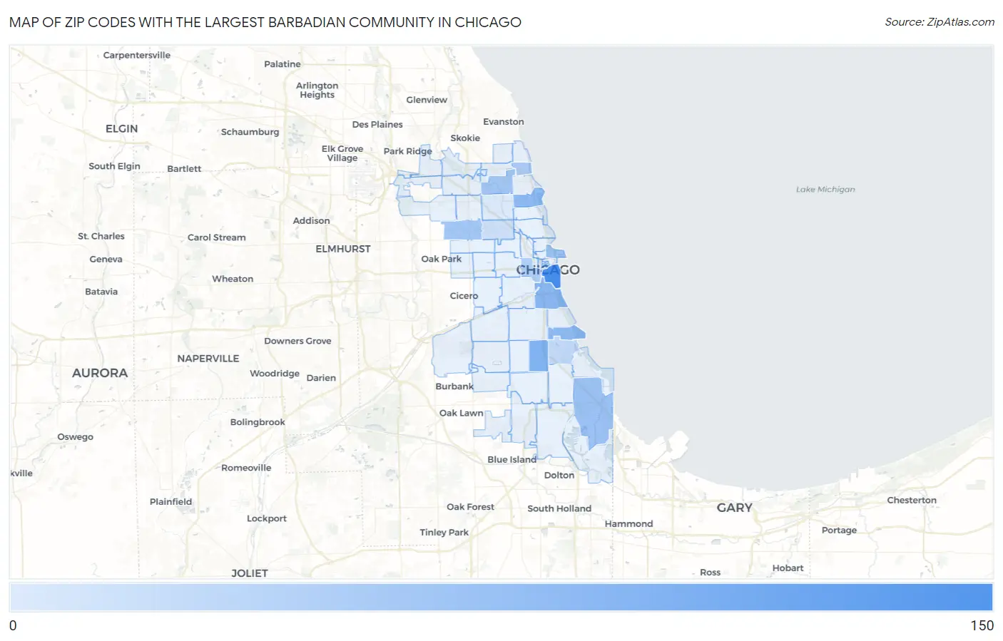 Zip Codes with the Largest Barbadian Community in Chicago Map