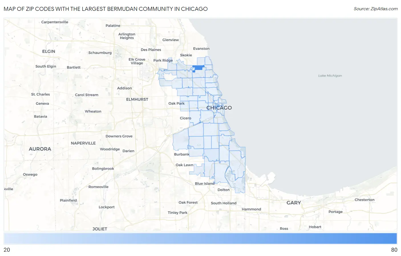 Zip Codes with the Largest Bermudan Community in Chicago Map
