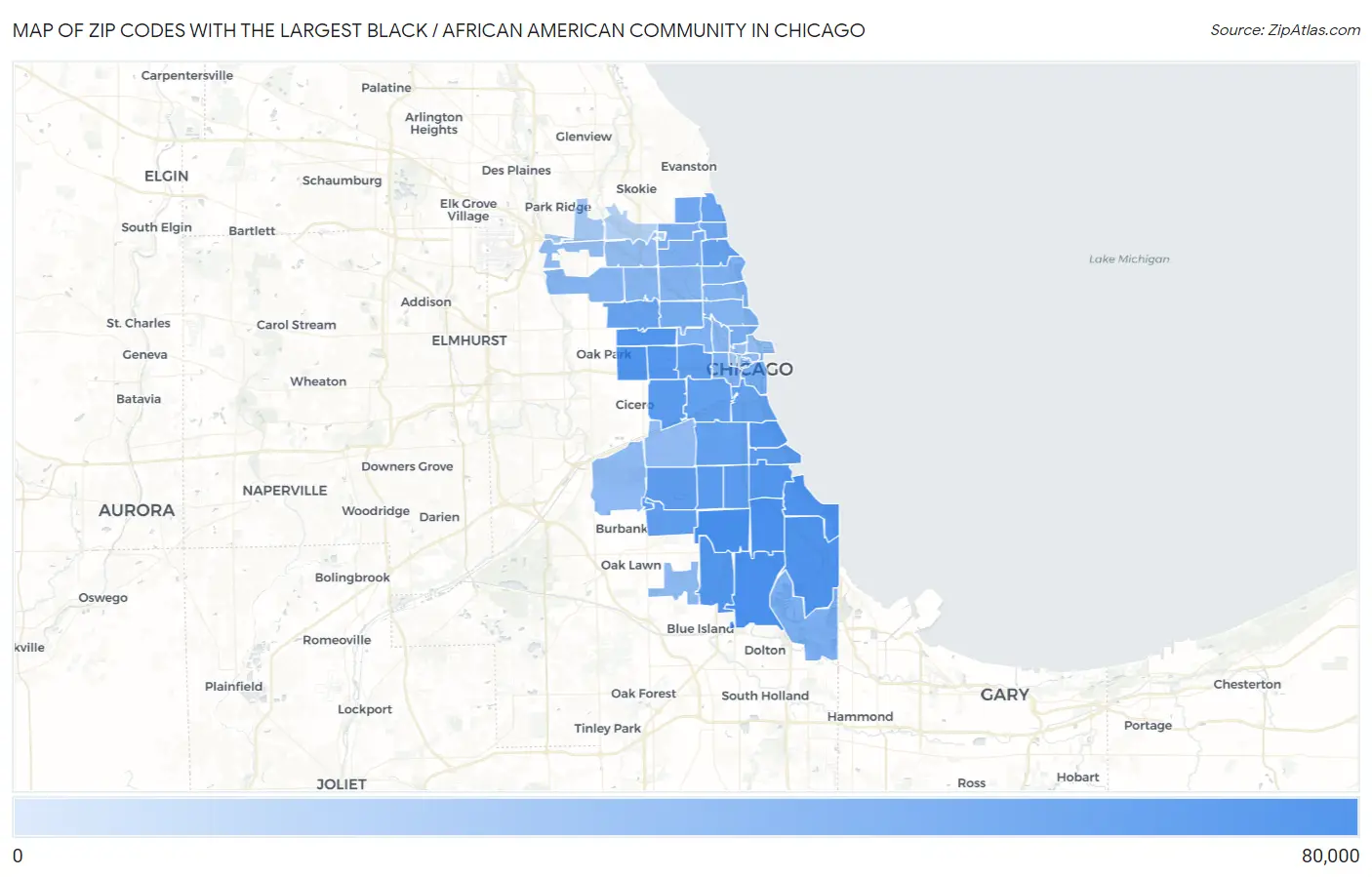 Zip Codes with the Largest Black / African American Community in Chicago Map