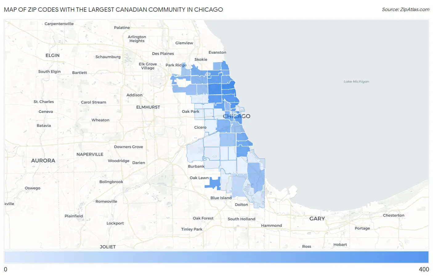 Zip Codes with the Largest Canadian Community in Chicago Map