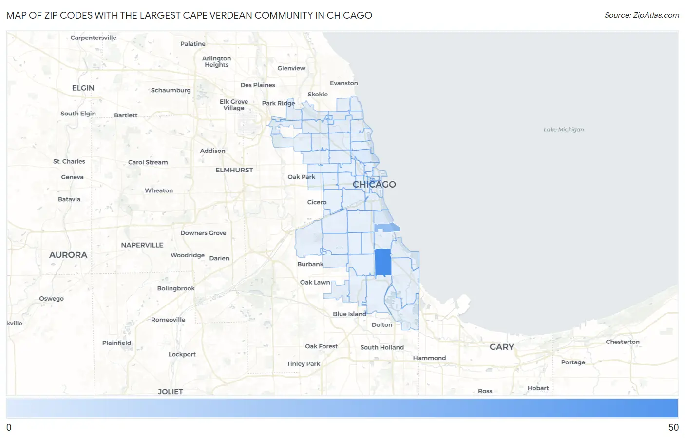 Zip Codes with the Largest Cape Verdean Community in Chicago Map