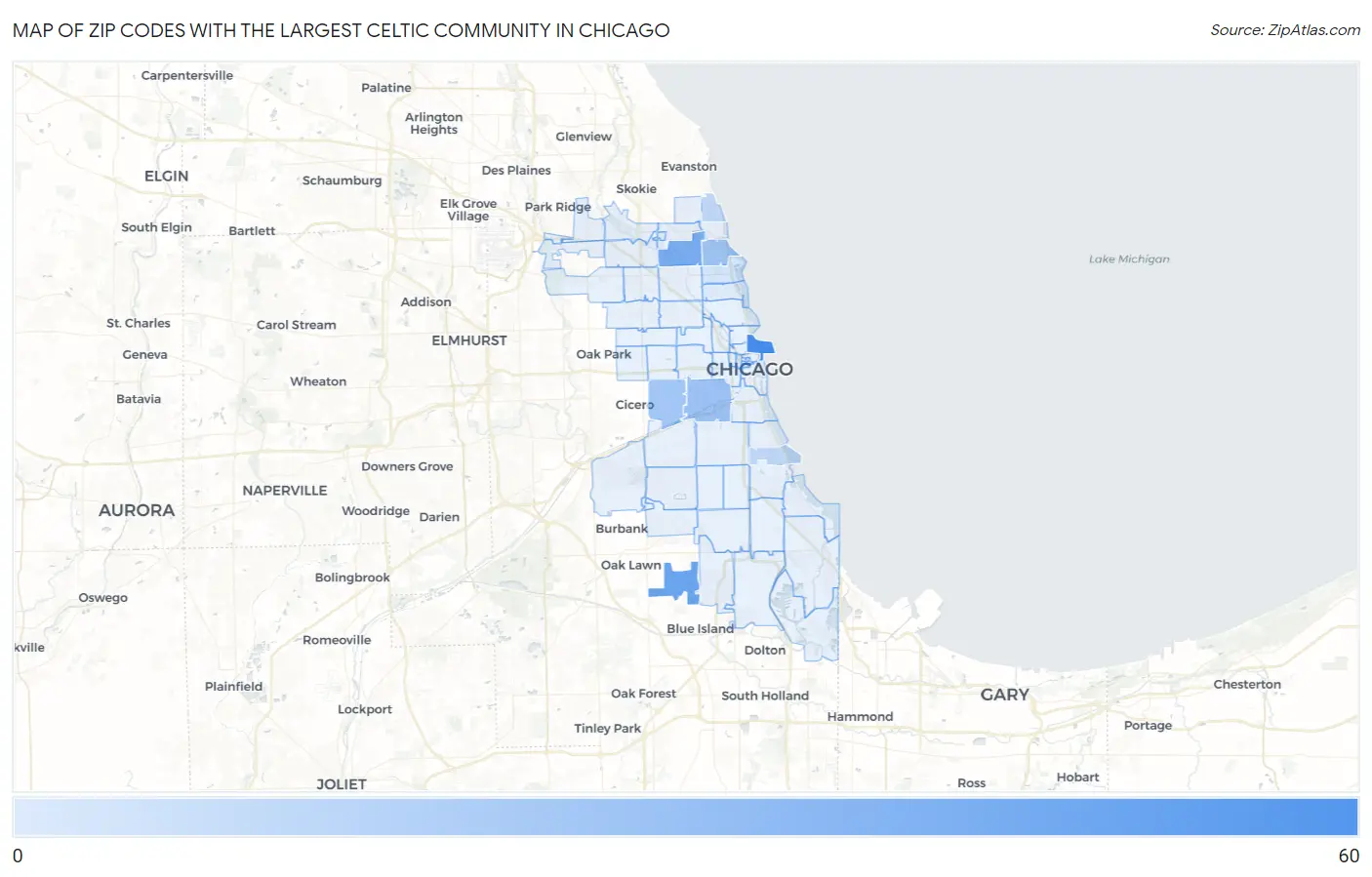 Zip Codes with the Largest Celtic Community in Chicago Map