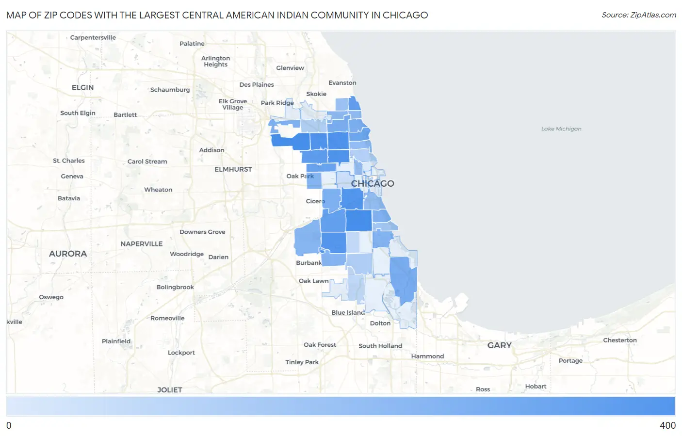 Zip Codes with the Largest Central American Indian Community in Chicago Map