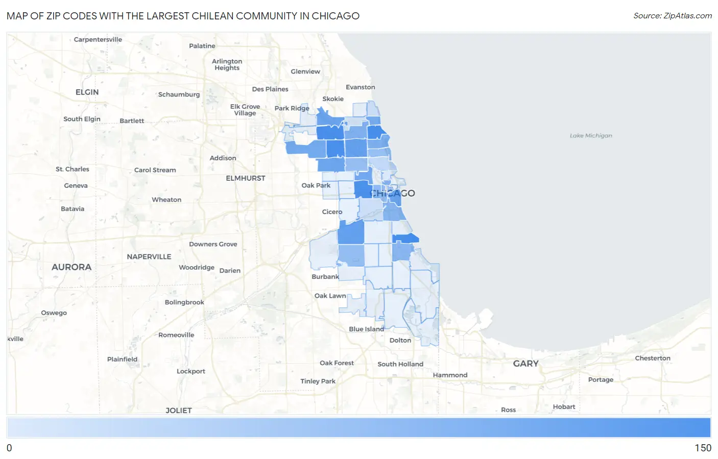 Zip Codes with the Largest Chilean Community in Chicago Map