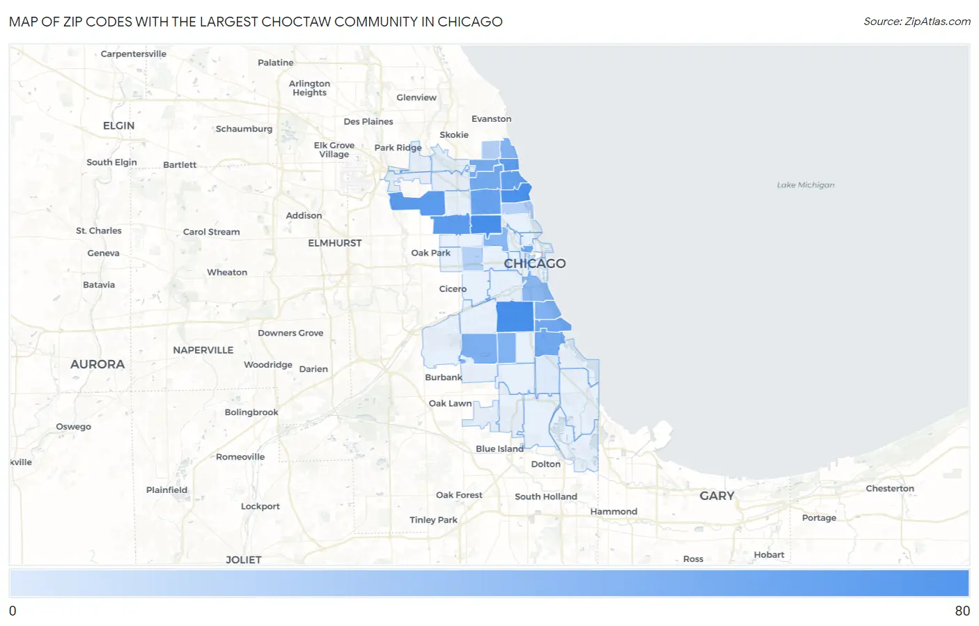 Zip Codes with the Largest Choctaw Community in Chicago Map