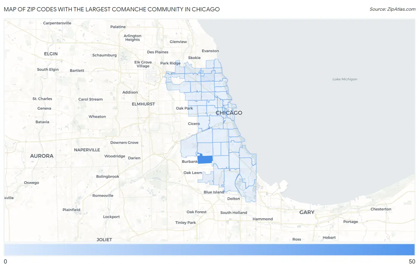 Zip Codes with the Largest Comanche Community in Chicago Map