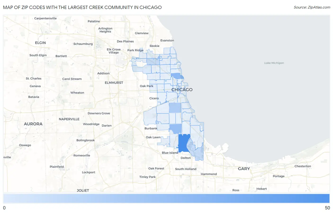 Zip Codes with the Largest Creek Community in Chicago Map