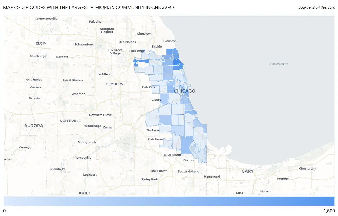 Zip Codes with the Largest Ethiopian Community in Chicago Map