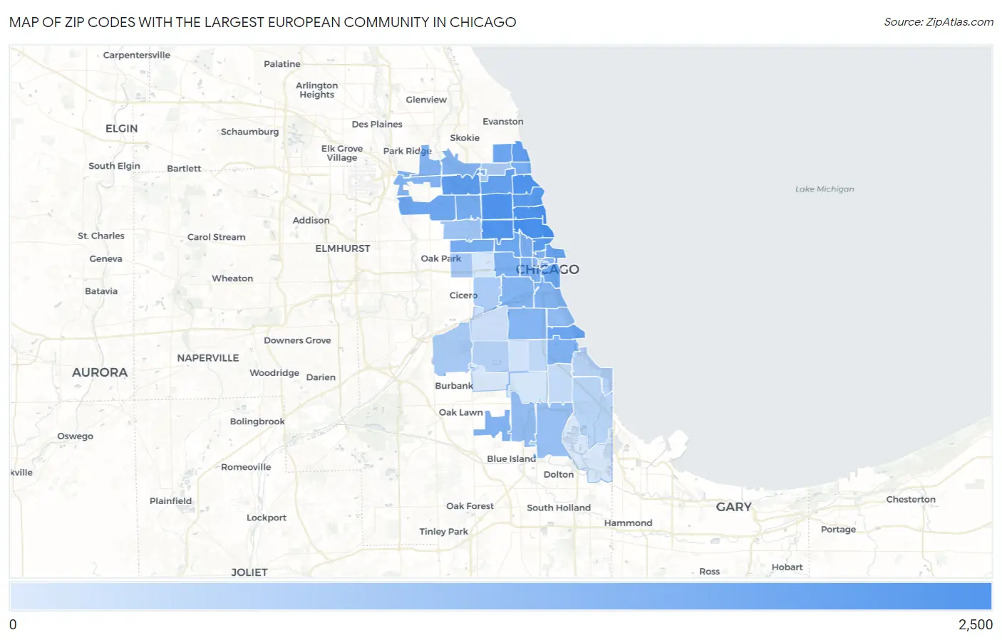 Zip Codes with the Largest European Community in Chicago Map