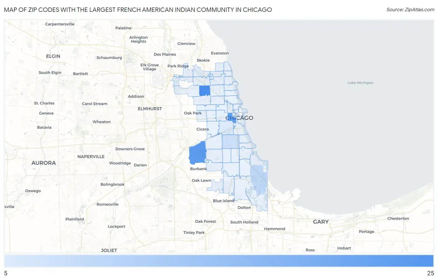Zip Codes with the Largest French American Indian Community in Chicago Map