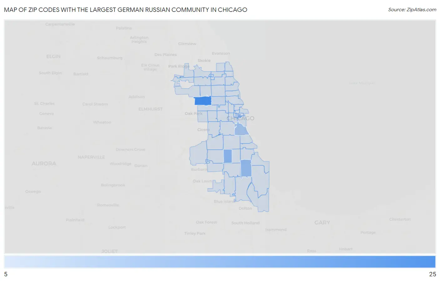 Zip Codes with the Largest German Russian Community in Chicago Map