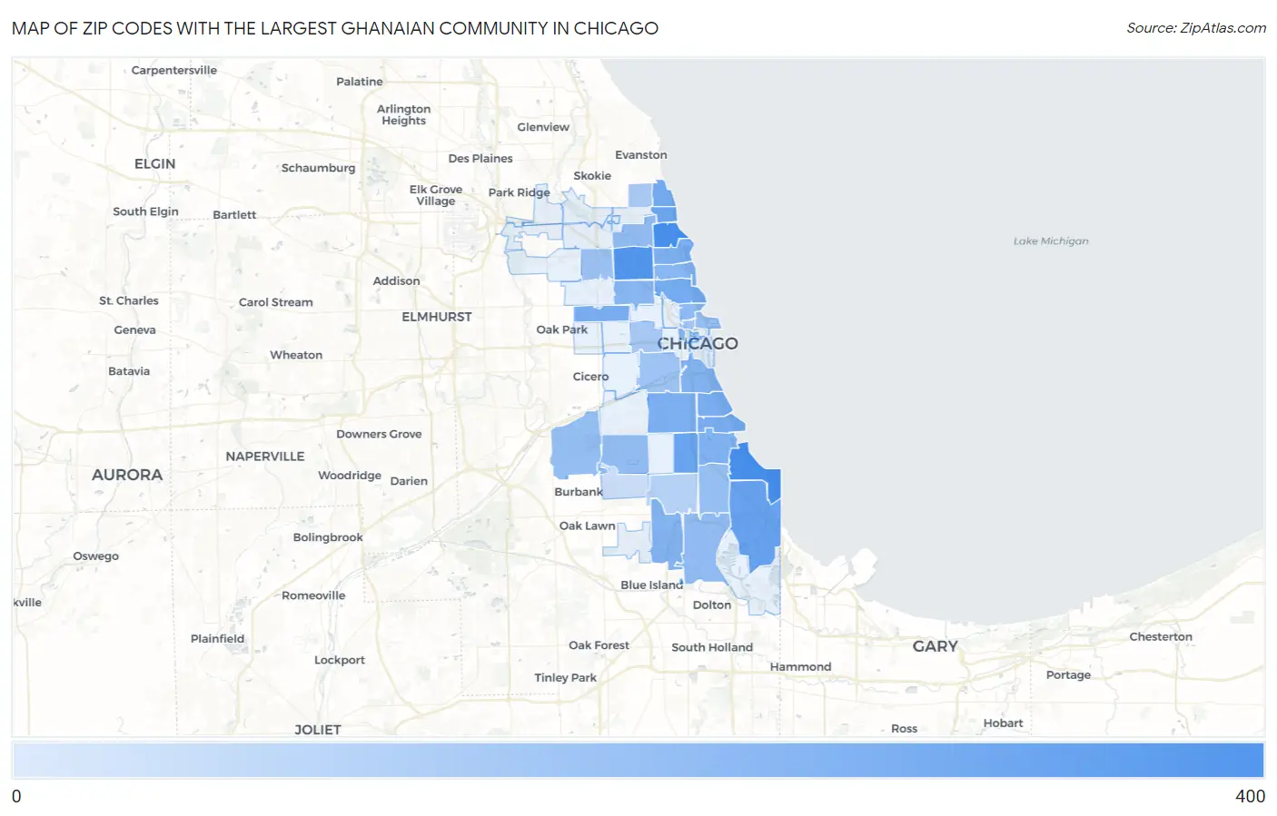 Zip Codes with the Largest Ghanaian Community in Chicago Map