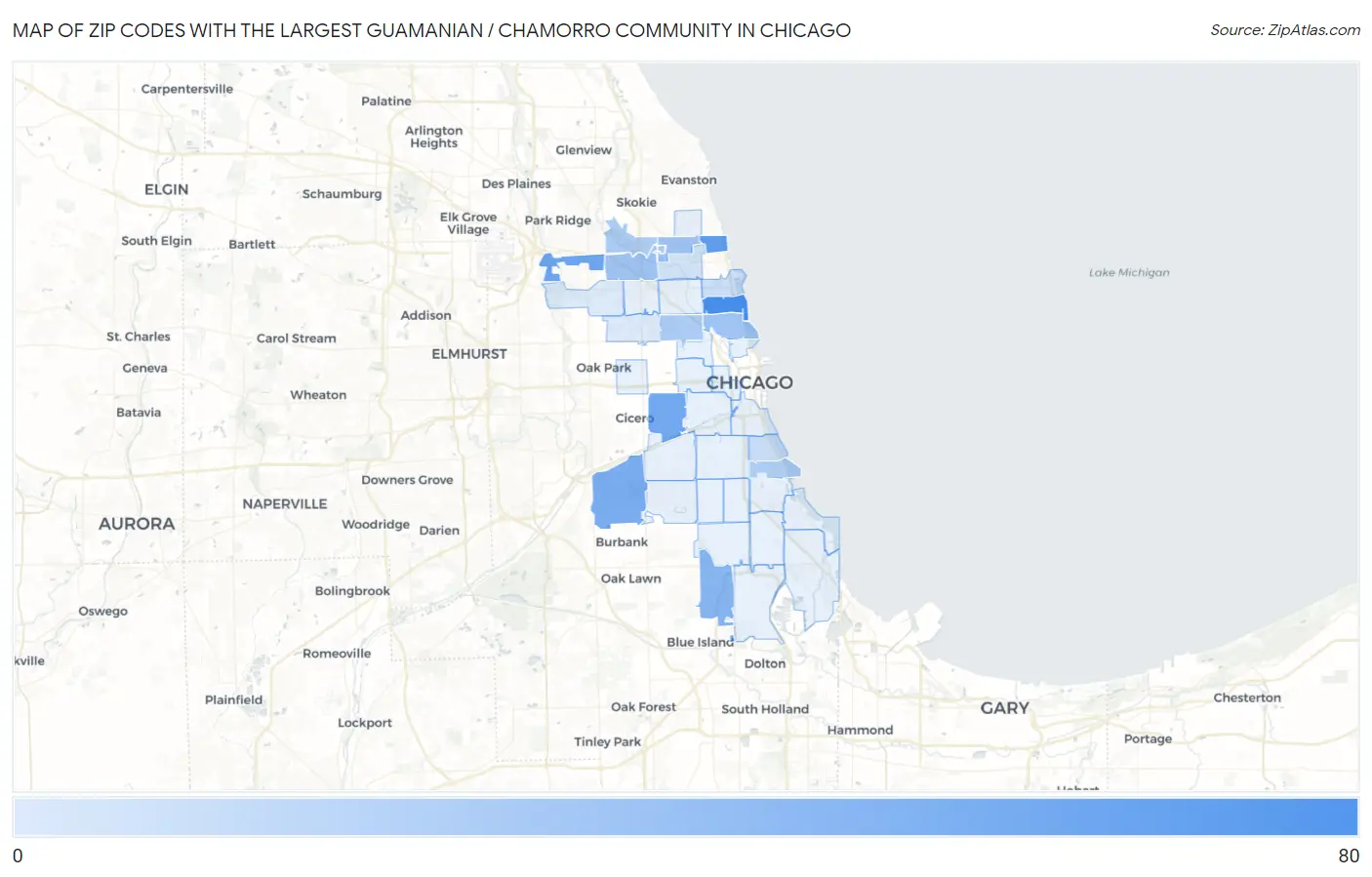 Zip Codes with the Largest Guamanian / Chamorro Community in Chicago Map