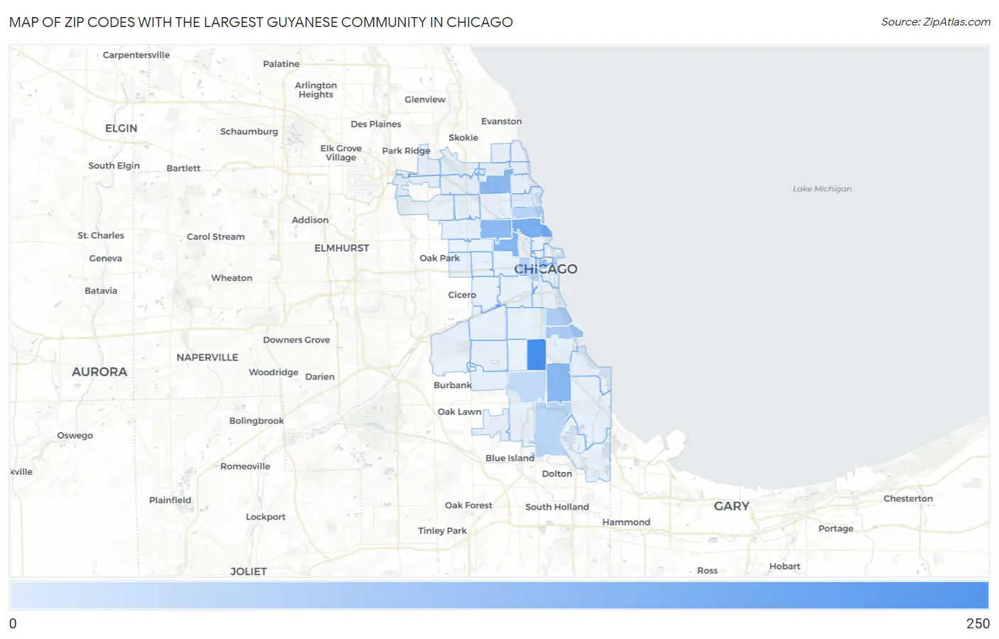 Zip Codes with the Largest Guyanese Community in Chicago Map