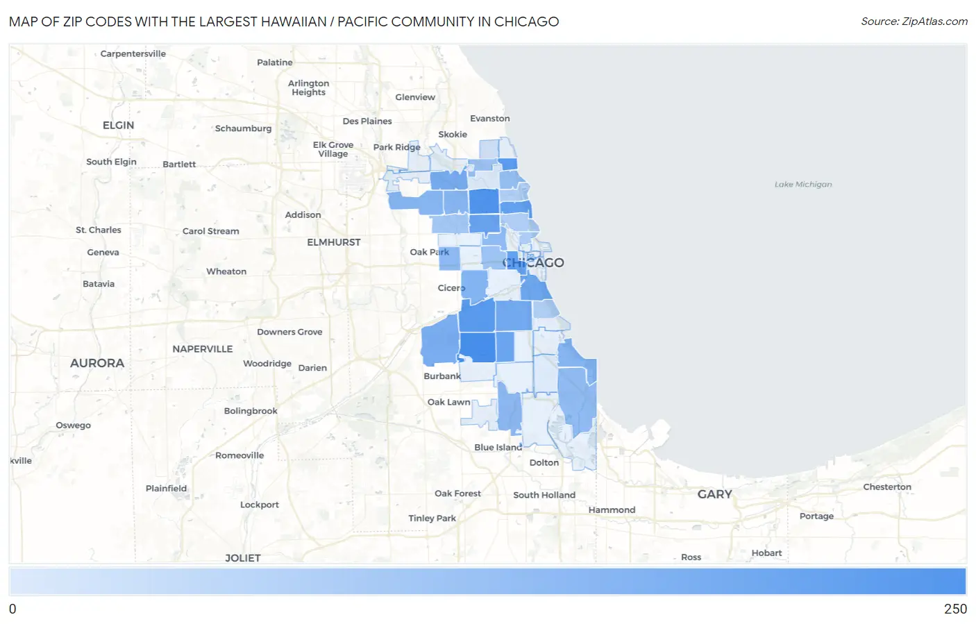 Zip Codes with the Largest Hawaiian / Pacific Community in Chicago Map