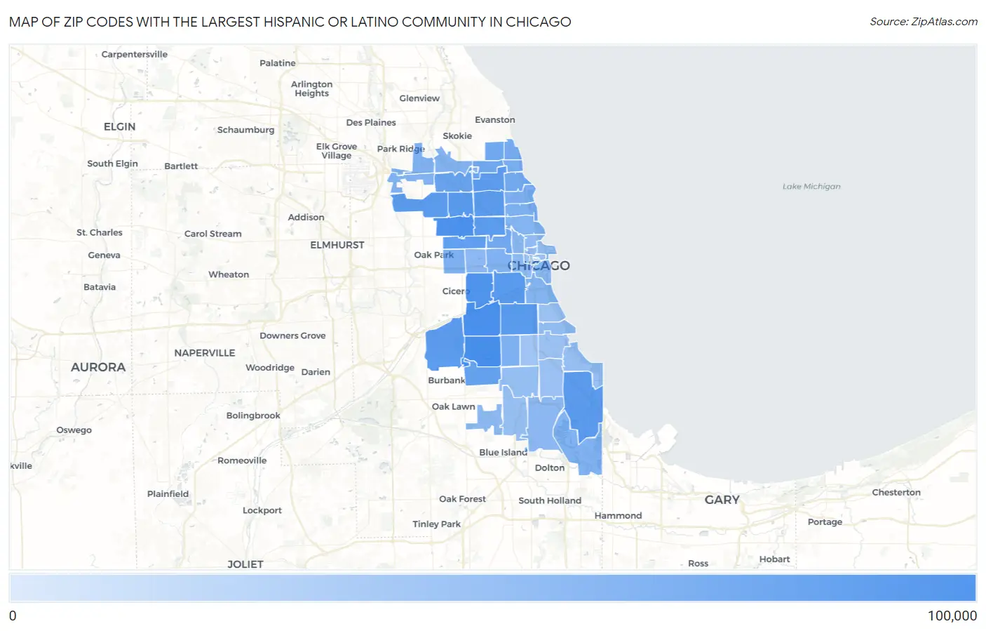 Zip Codes with the Largest Hispanic or Latino Community in Chicago Map