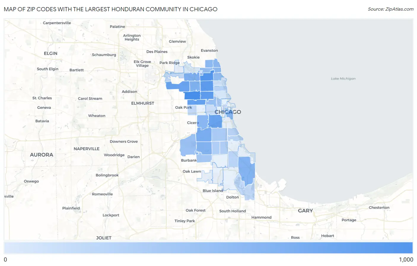 Zip Codes with the Largest Honduran Community in Chicago Map