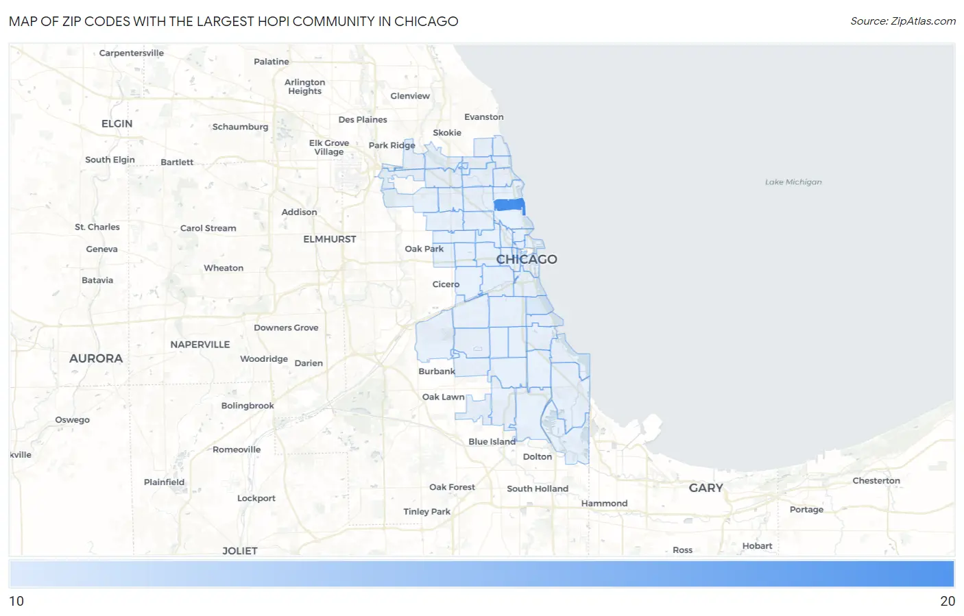 Zip Codes with the Largest Hopi Community in Chicago Map