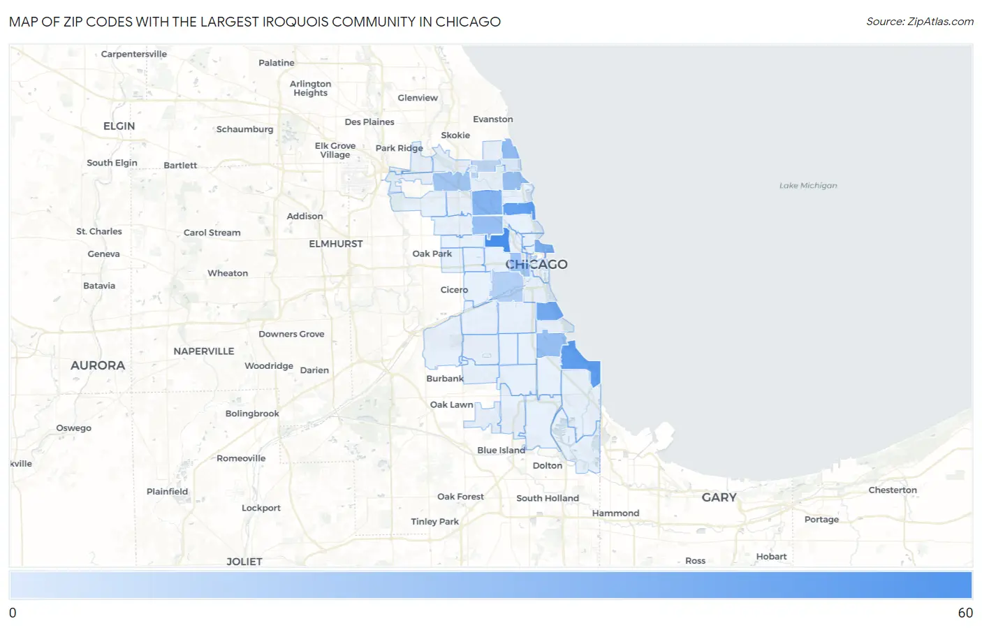 Zip Codes with the Largest Iroquois Community in Chicago Map