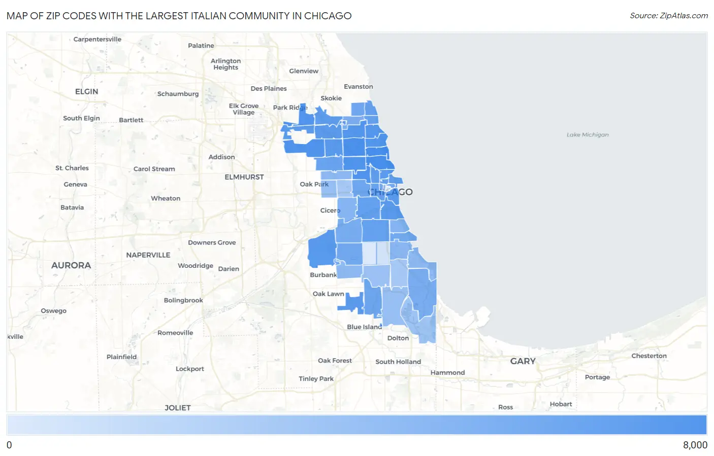 Zip Codes with the Largest Italian Community in Chicago Map