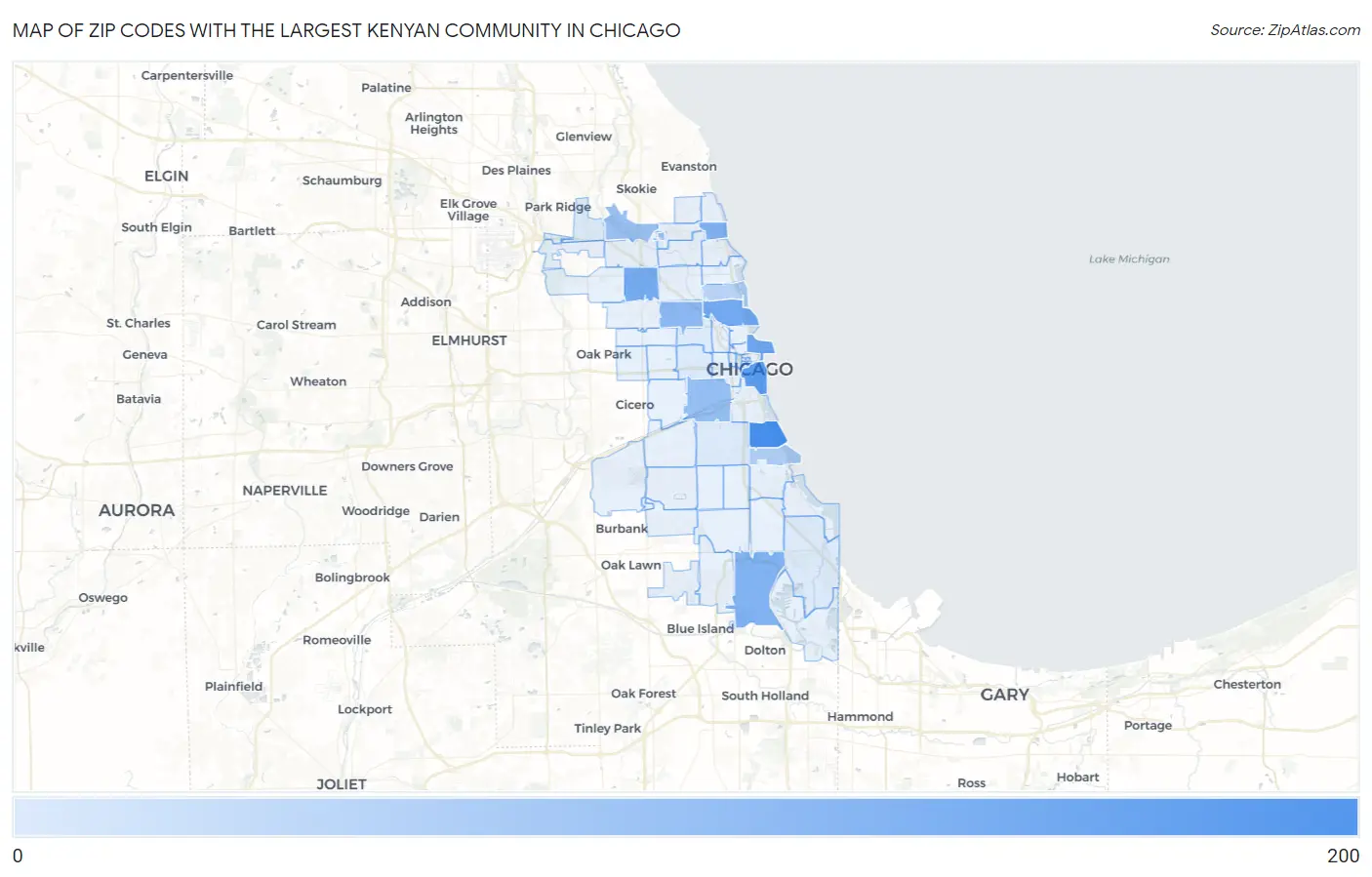 Zip Codes with the Largest Kenyan Community in Chicago Map