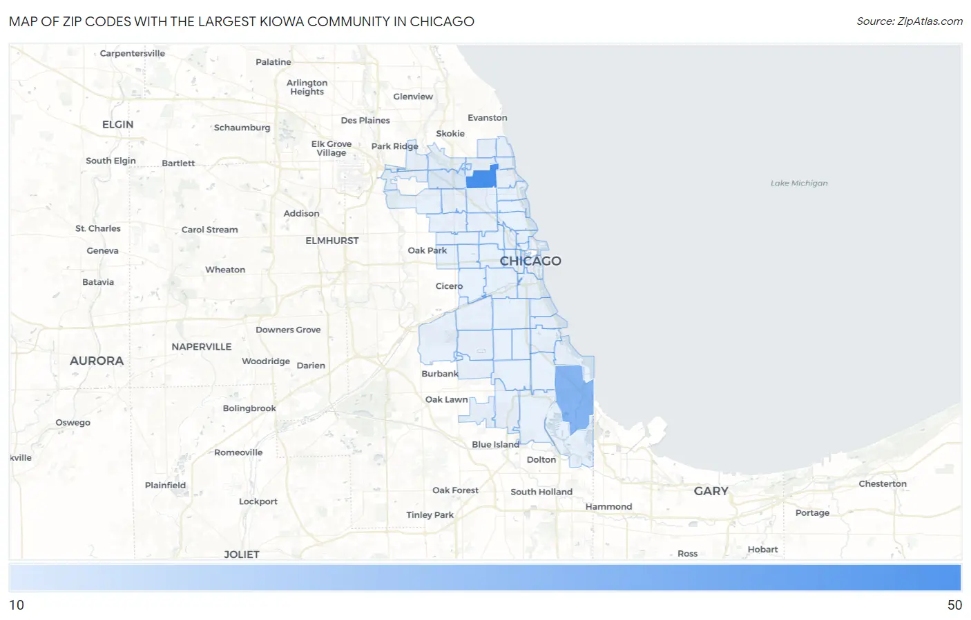 Zip Codes with the Largest Kiowa Community in Chicago Map
