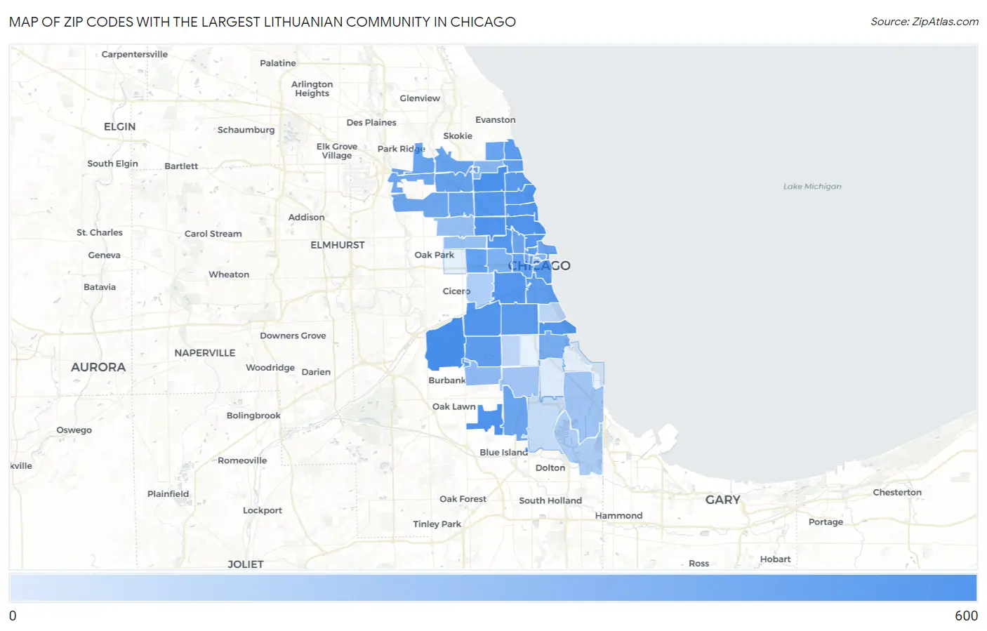 Zip Codes with the Largest Lithuanian Community in Chicago Map