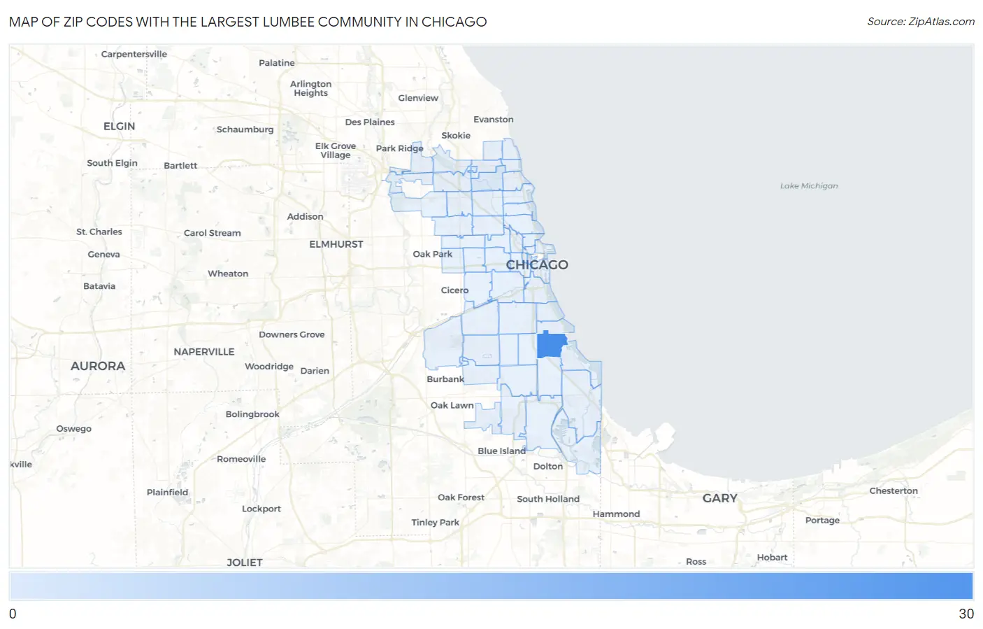 Zip Codes with the Largest Lumbee Community in Chicago Map