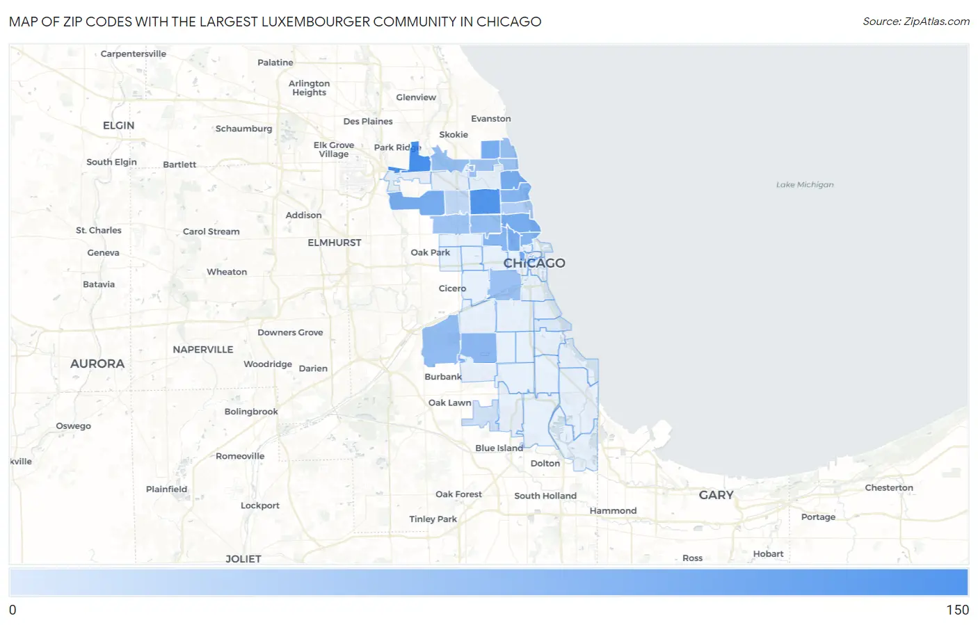 Zip Codes with the Largest Luxembourger Community in Chicago Map