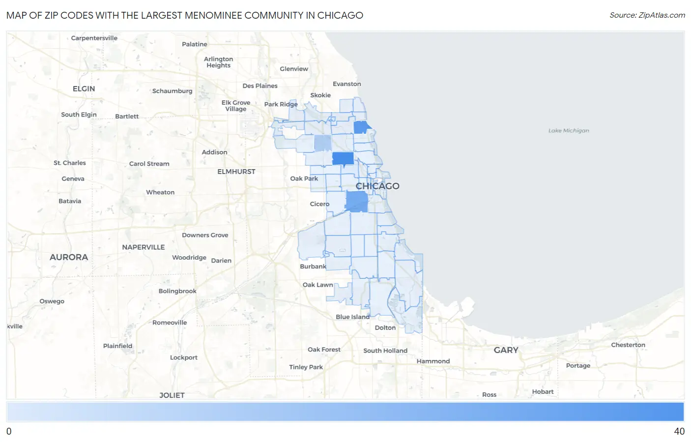 Zip Codes with the Largest Menominee Community in Chicago Map