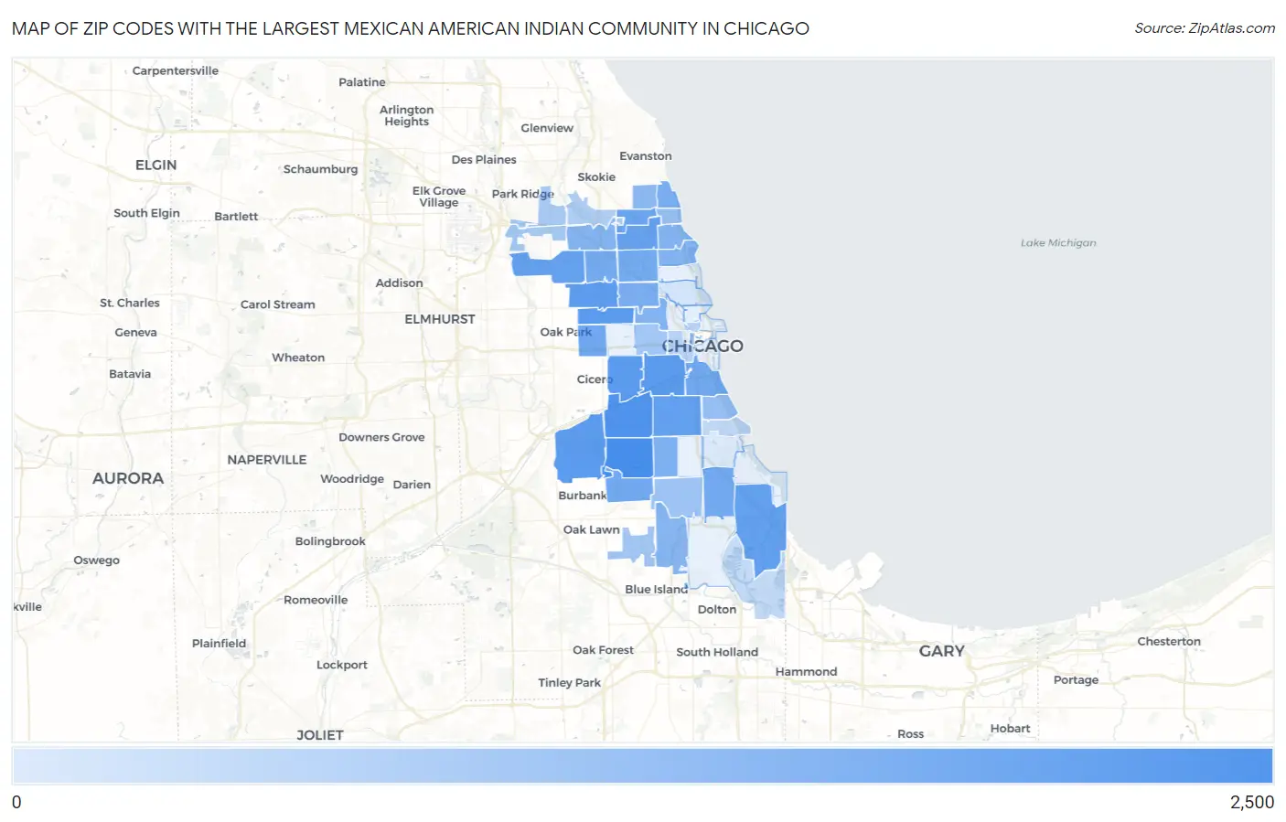 Zip Codes with the Largest Mexican American Indian Community in Chicago Map