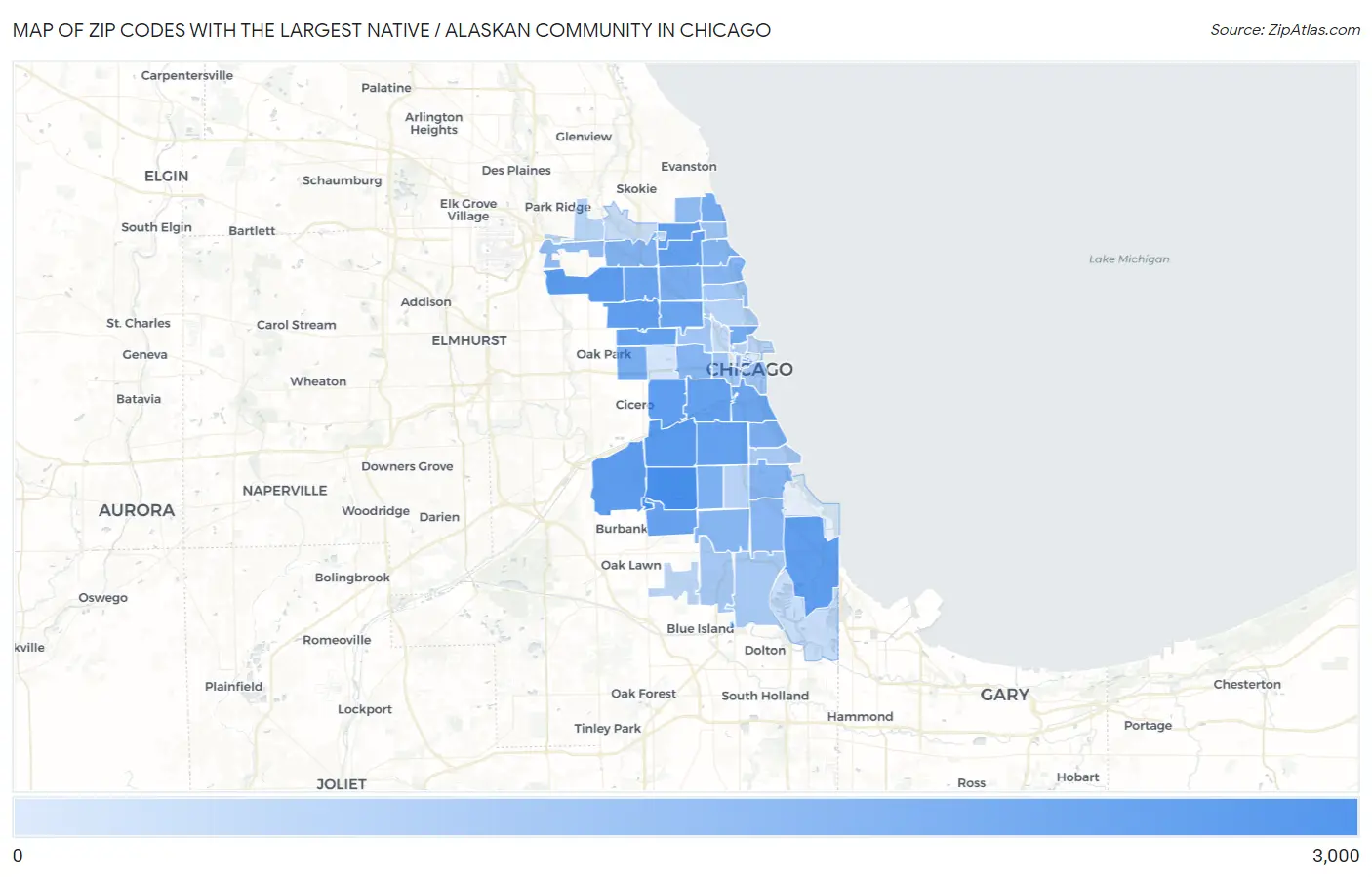 Zip Codes with the Largest Native / Alaskan Community in Chicago Map