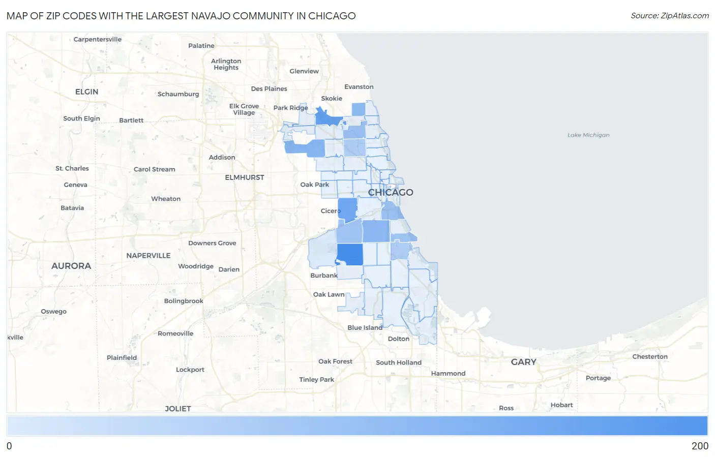 Zip Codes with the Largest Navajo Community in Chicago Map