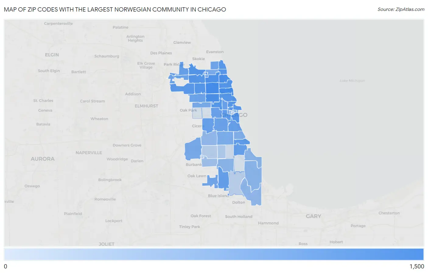 Zip Codes with the Largest Norwegian Community in Chicago Map