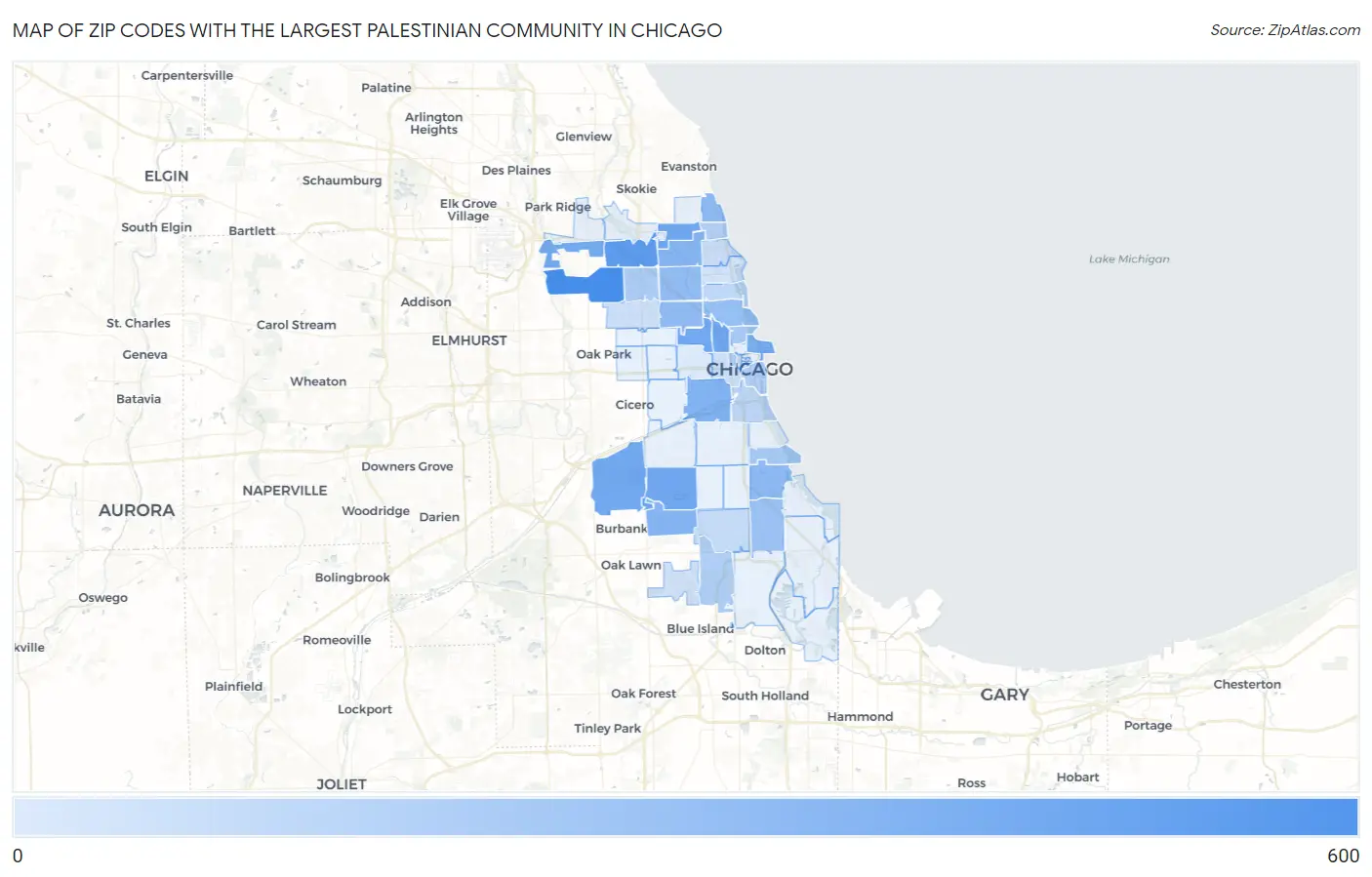 Zip Codes with the Largest Palestinian Community in Chicago Map