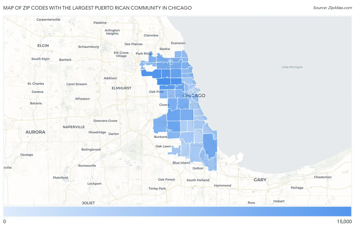 Zip Codes with the Largest Puerto Rican Community in Chicago Map