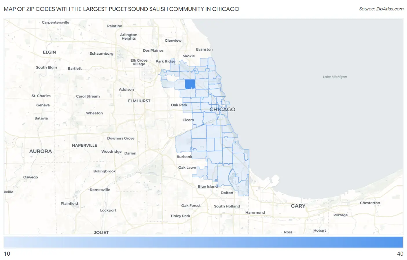 Zip Codes with the Largest Puget Sound Salish Community in Chicago Map