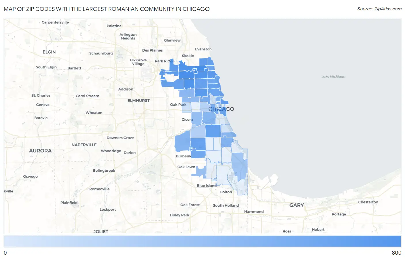 Zip Codes with the Largest Romanian Community in Chicago Map