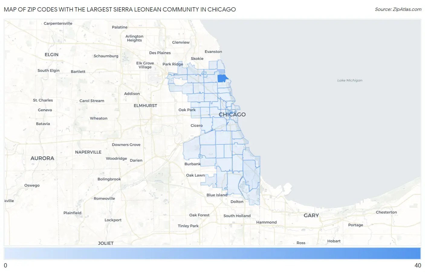 Zip Codes with the Largest Sierra Leonean Community in Chicago Map