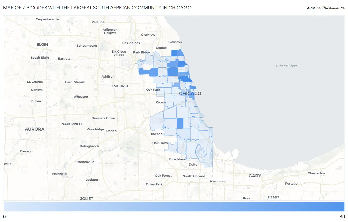 Zip Codes with the Largest South African Community in Chicago Map