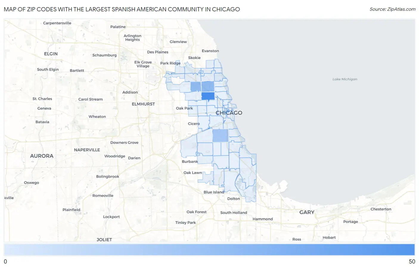 Zip Codes with the Largest Spanish American Community in Chicago Map