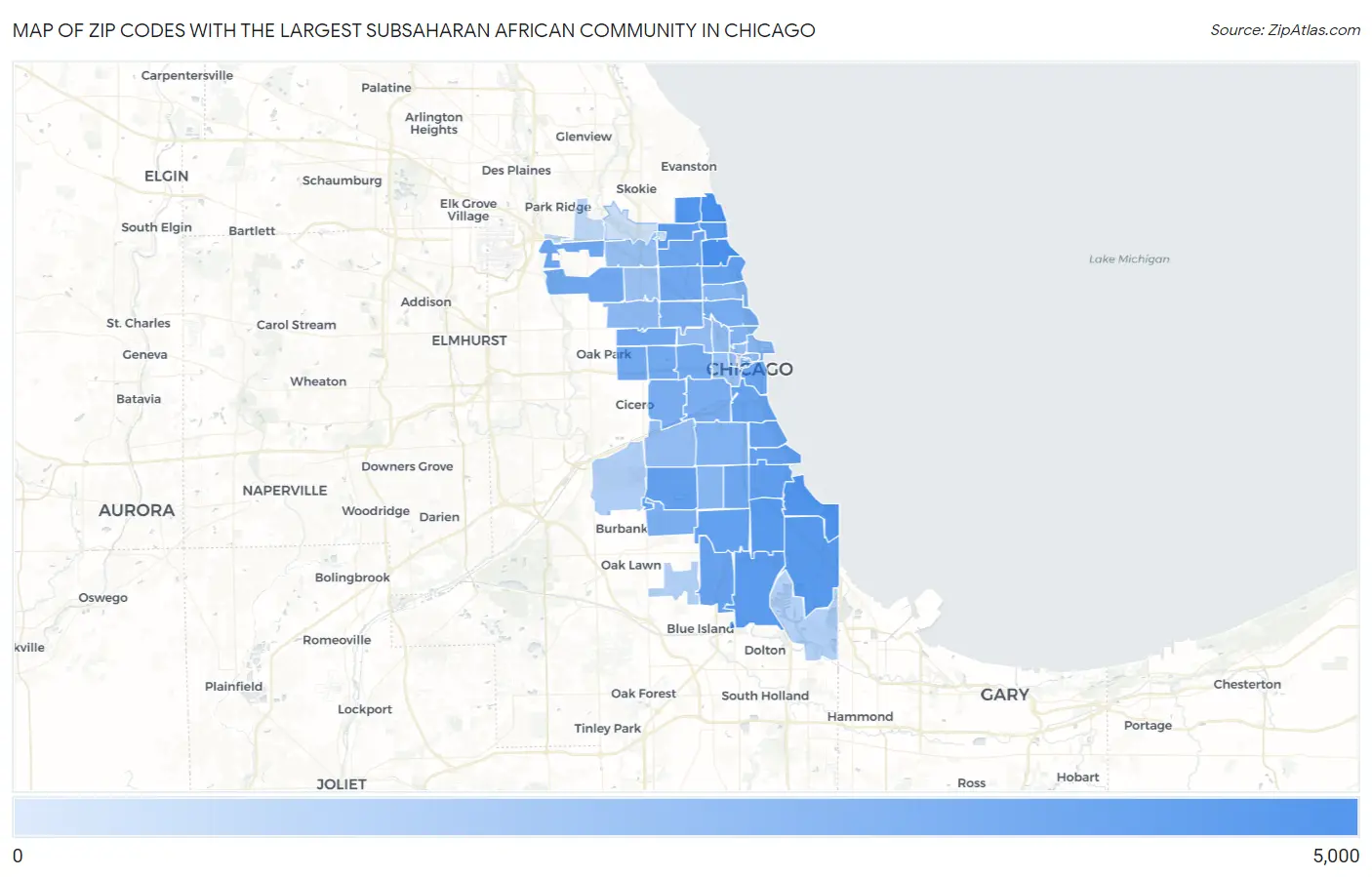 Zip Codes with the Largest Subsaharan African Community in Chicago Map