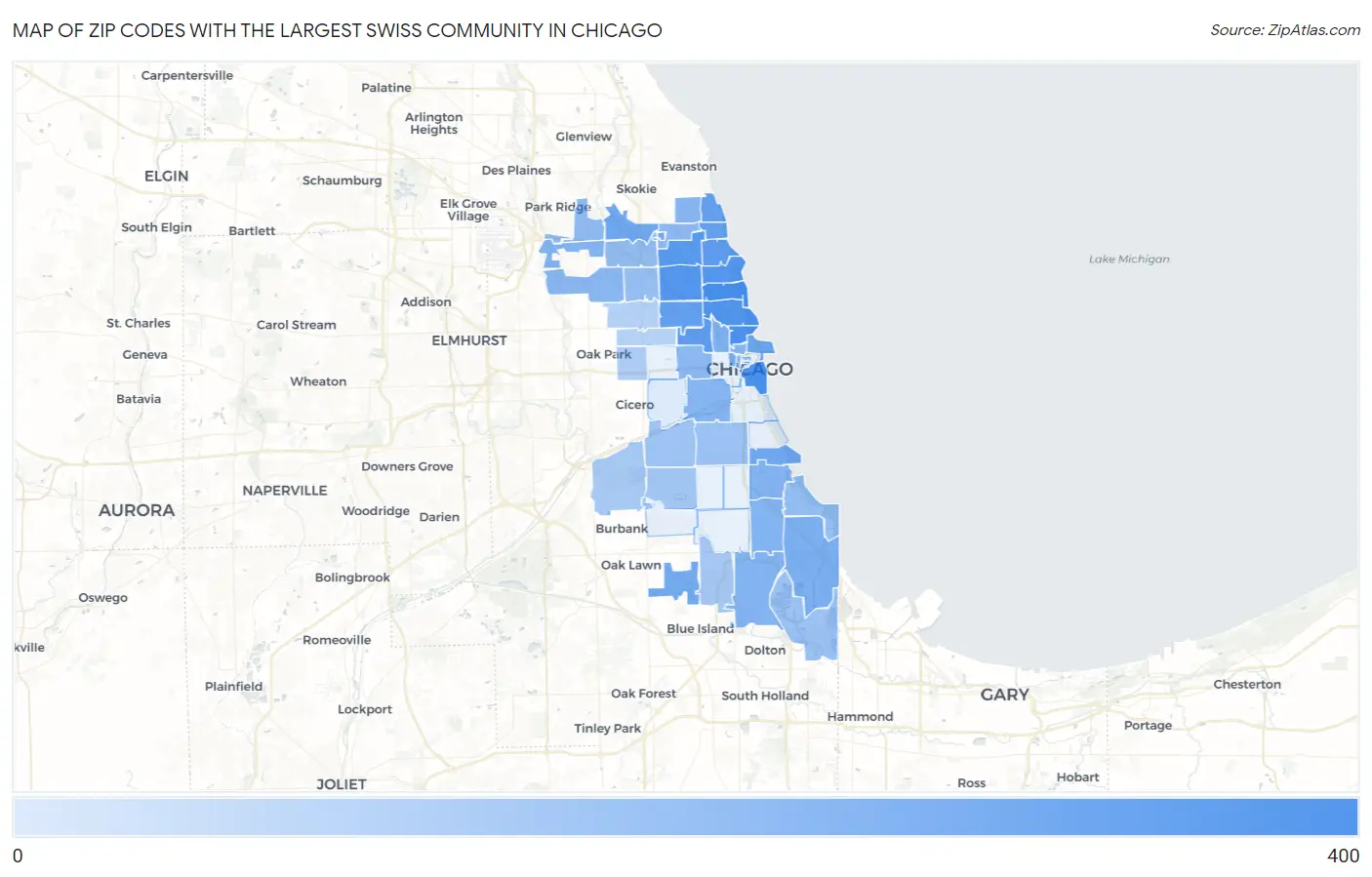 Zip Codes with the Largest Swiss Community in Chicago Map