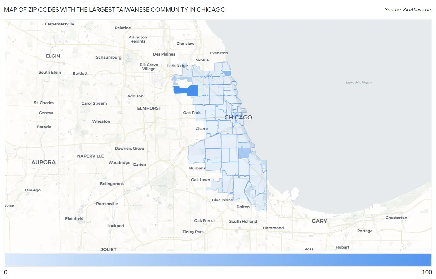 Zip Codes with the Largest Taiwanese Community in Chicago Map