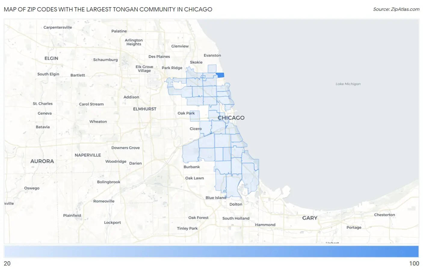 Zip Codes with the Largest Tongan Community in Chicago Map